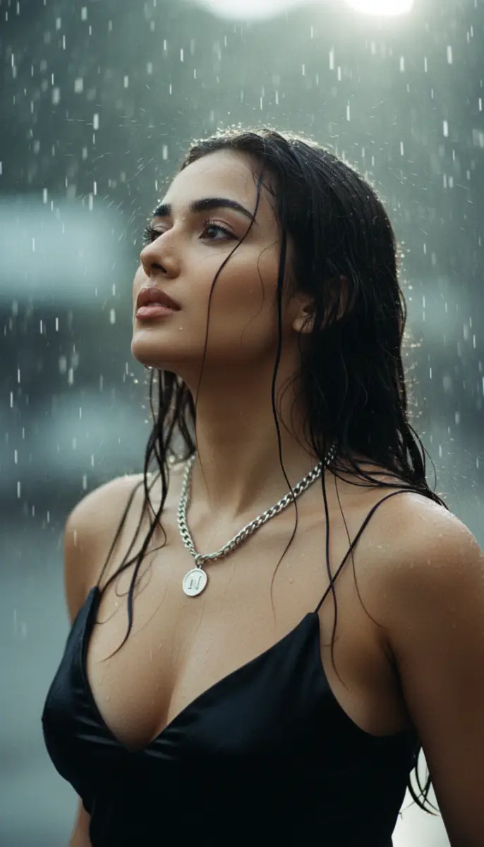 High-Contrast Film Portrait in Rain