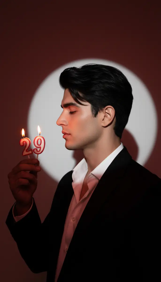 Man making a wish with 29th birthday candles