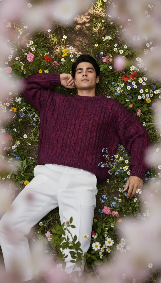Man in Cable-Knit Sweater Lying in Wildflower Field