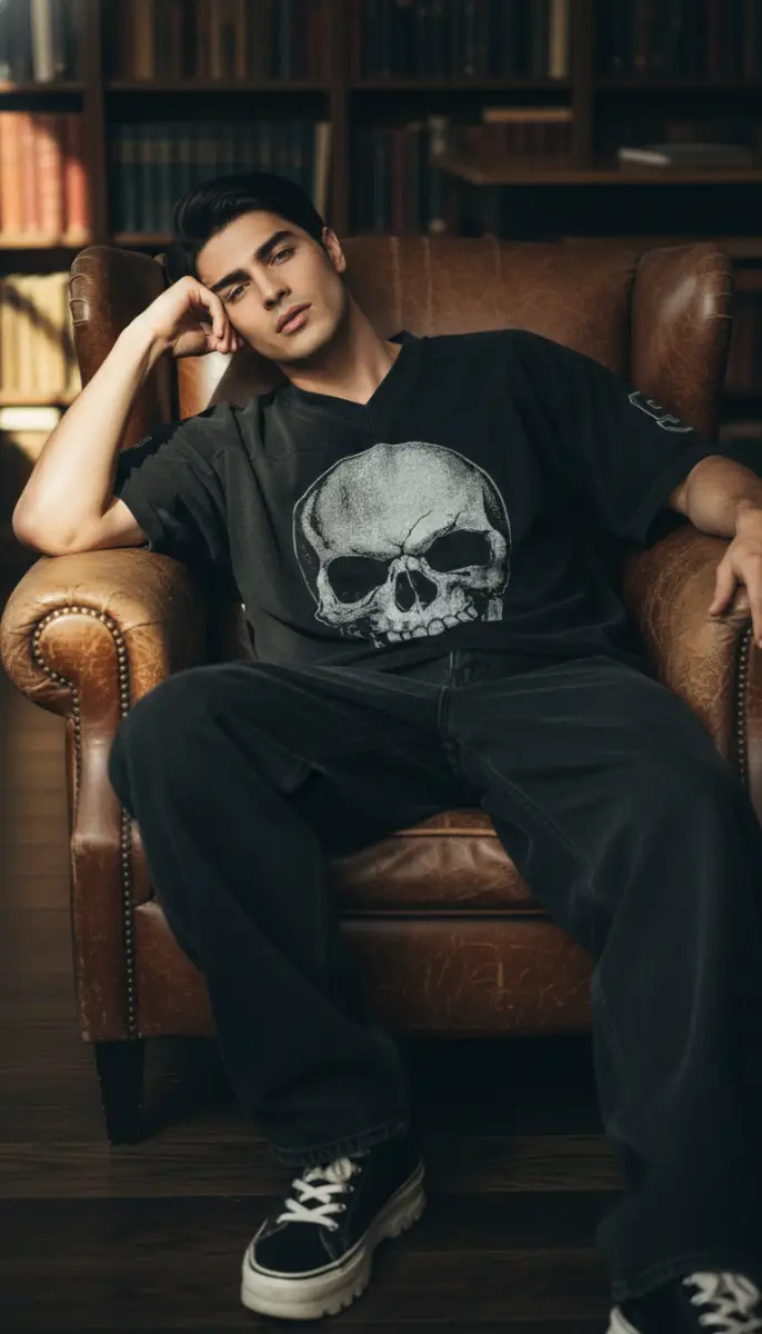 Contemplative Man in Skull Tee in Library Armchair