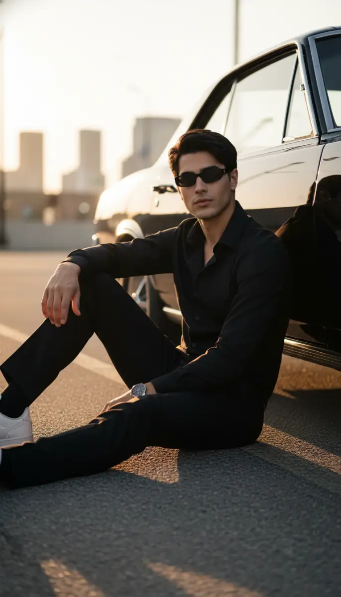 Stylish Man in Black Attire Posing by a Classic Car at Sunset