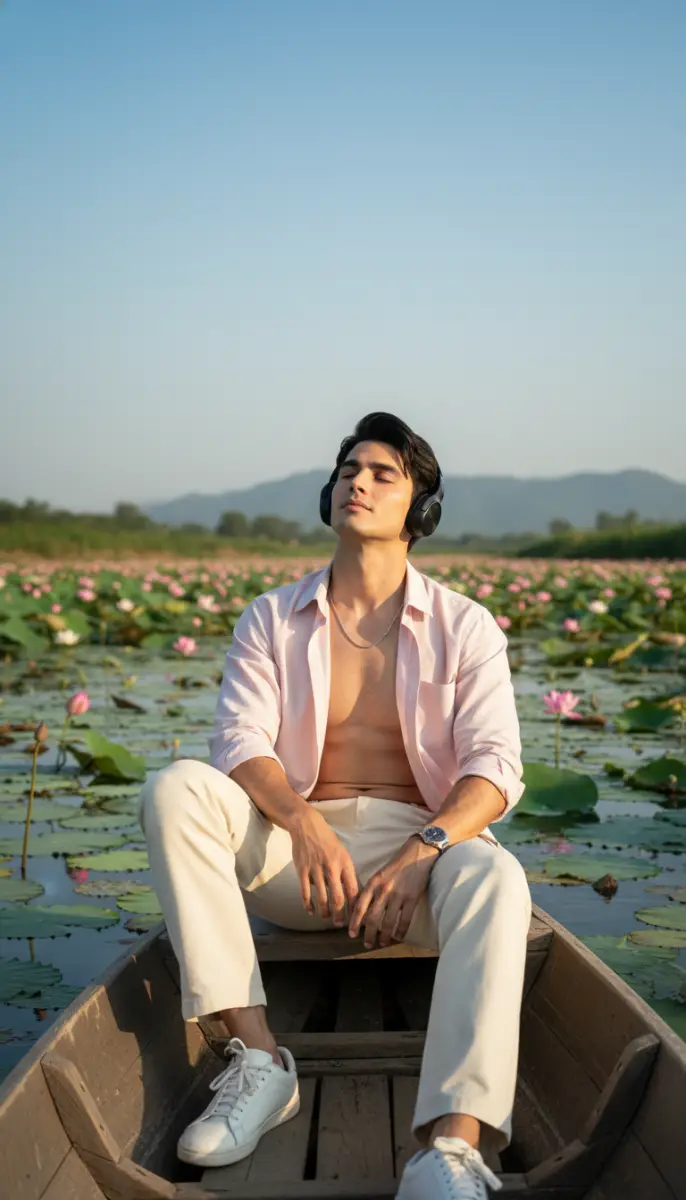 Serene Man Listening to Music in a Lotus Pond Boat