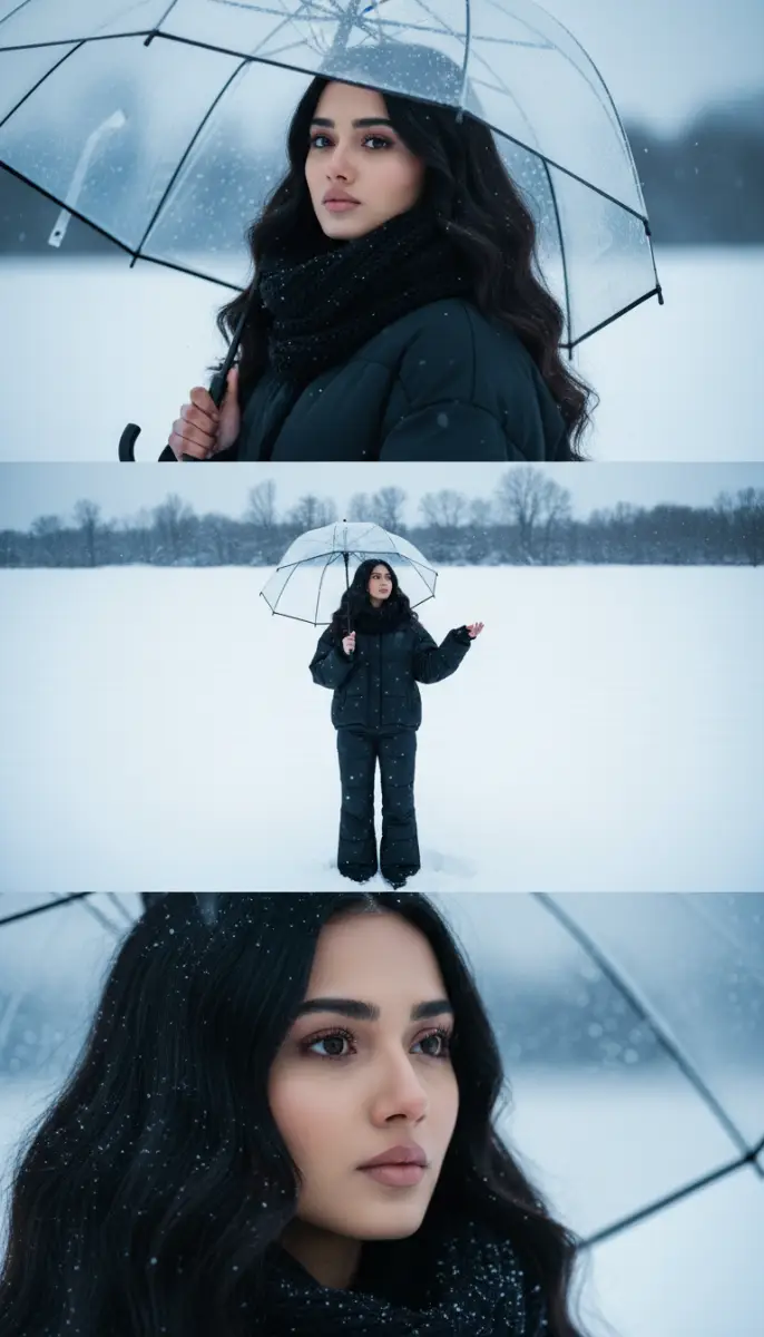 Winter Portrait Triptych of Woman with Transparent Umbrella