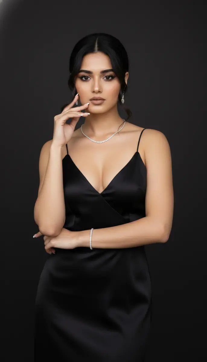 Elegant Woman in Black Satin Dress Wearing Diamond Jewelry