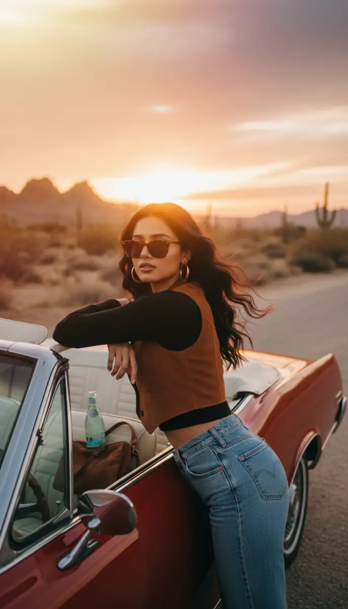 Golden Hour Desert Road Trip with Vintage Convertible