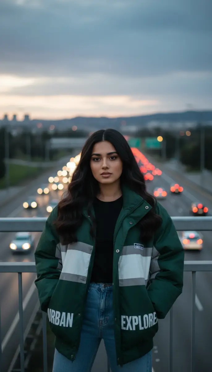 Moody Portrait of a Woman on a Highway Overpass at Twilight