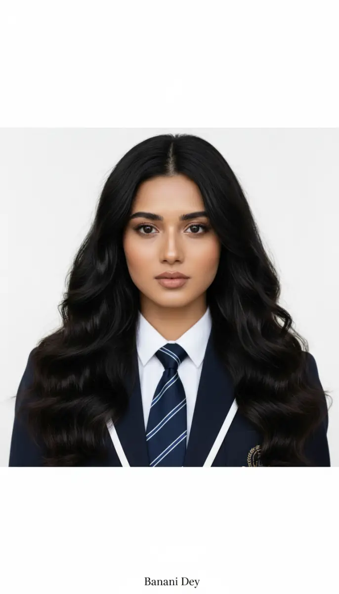 Formal Portrait of a Young Woman in a Navy Blazer and Striped Tie