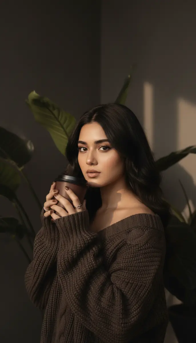 Moody Portrait of Woman in Brown Sweater Holding Coffee