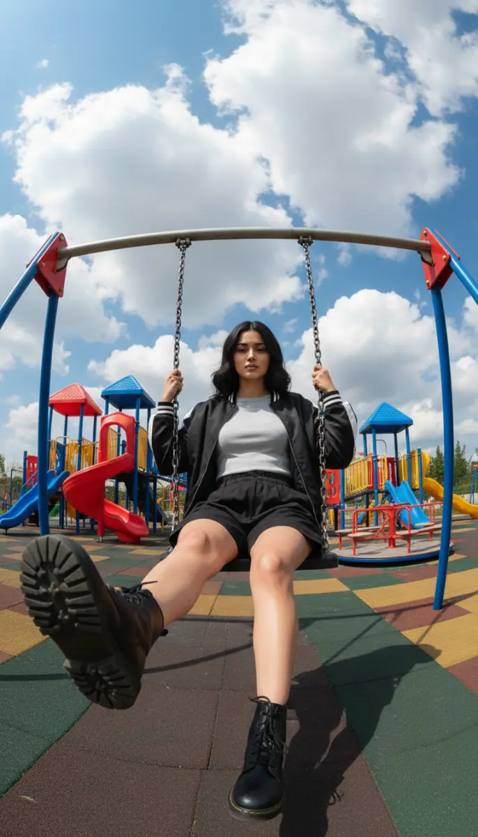Low Angle Portrait of Woman in Combat Boots on Playground Swing