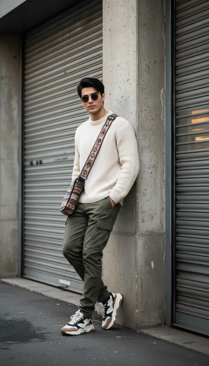 Street Style Outfit featuring Knit Sweater, Cargo Pants, and Patterned Crossbody Bag