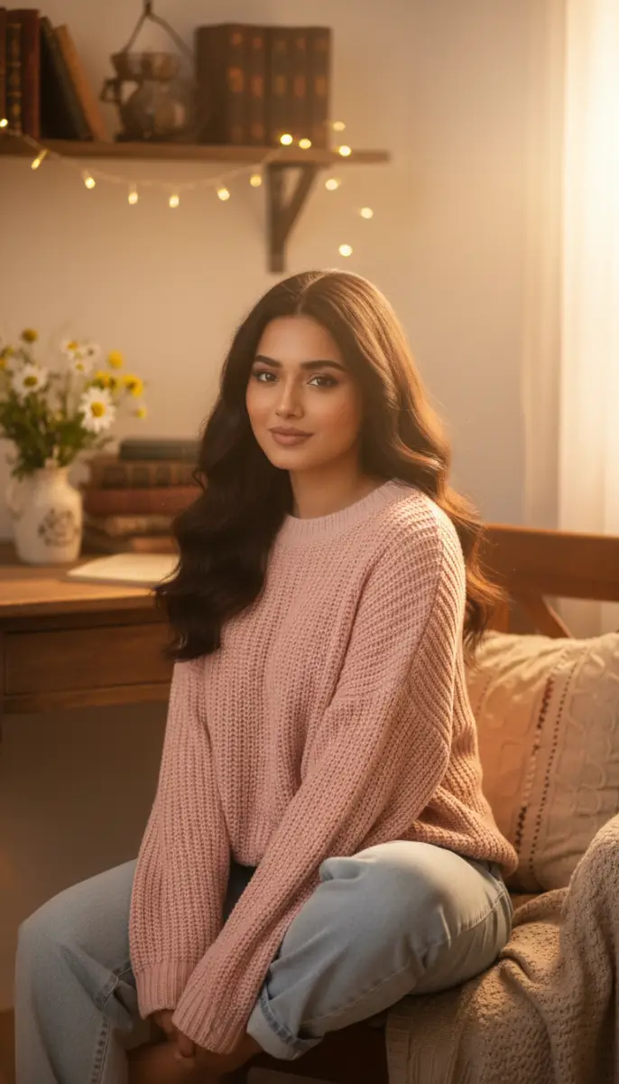 Cozy Woman in Pink Sweater and Fairy Light Setting