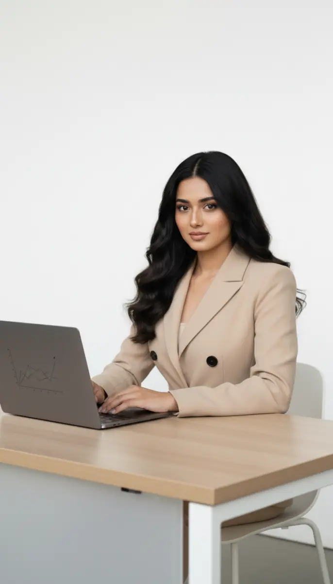 Confident Woman Working on Laptop in Professional Attire