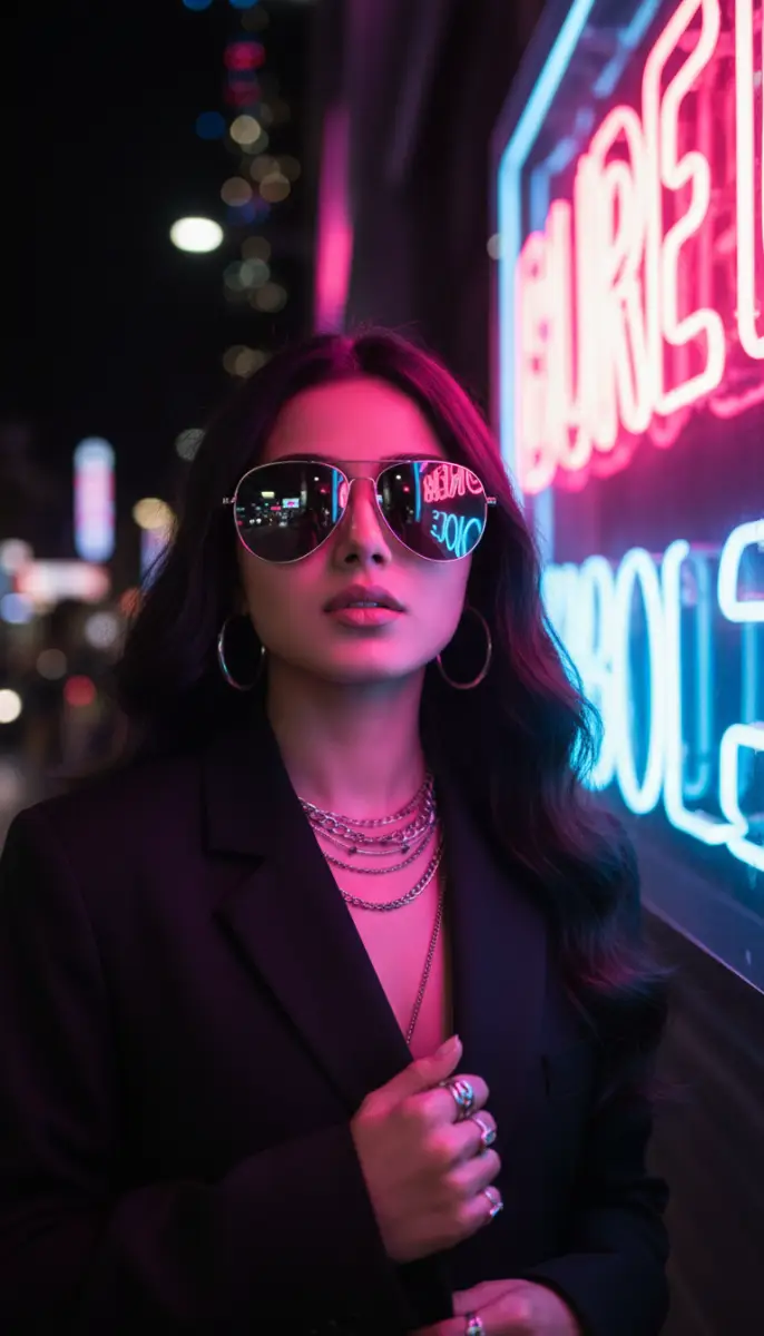 Neon Nights Portrait: Woman in Aviators and Blazer