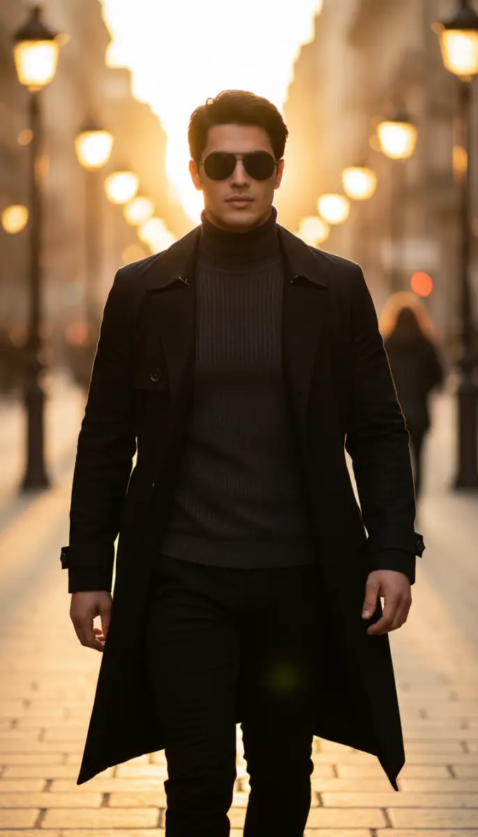 Confident Man in Black Trench Coat Walking at Golden Hour