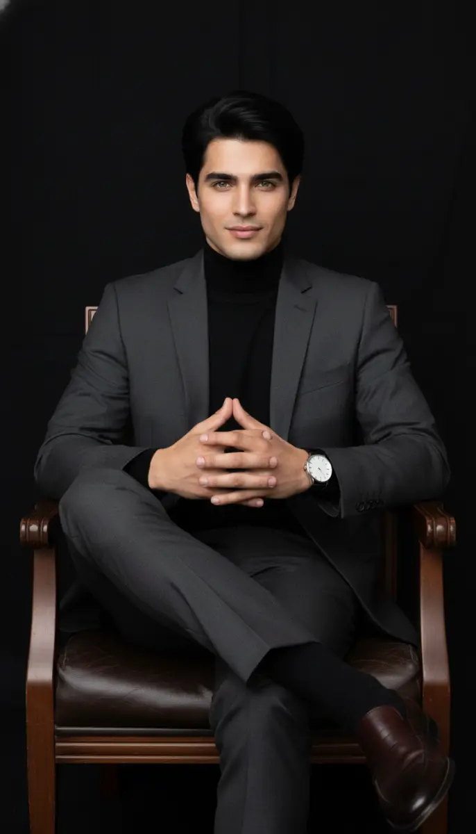 Sleek Formal Portrait of a Man in Charcoal Suit and Black Turtleneck