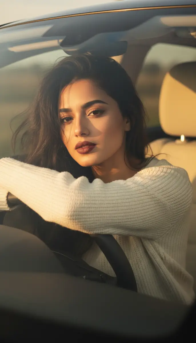 Sultry Portrait of a Woman in a Car at Golden Hour