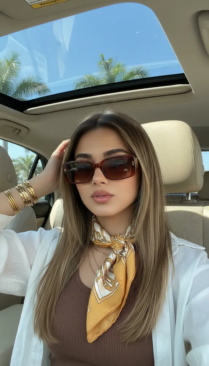 Chic Car Selfie with Gold Accessories and Silk Neck Scarf
