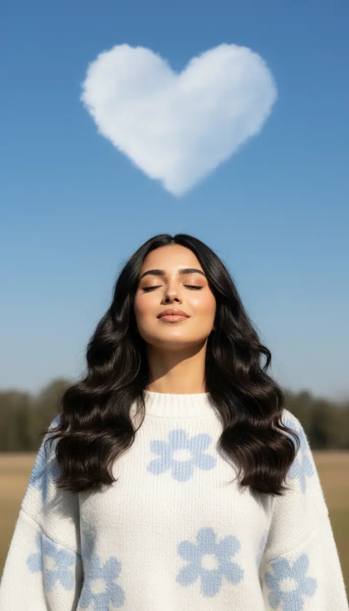 Serene Portrait of a Woman with a Heart-Shaped Cloud