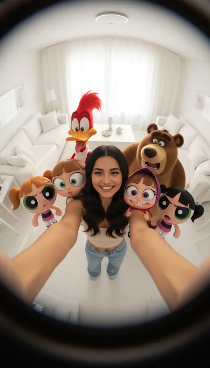 Crossover Selfie with Animated Friends in a White Room