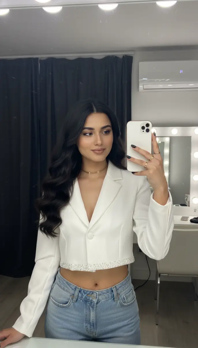 Stylish Mirror Selfie Featuring Cropped White Blazer and Wavy Hair
