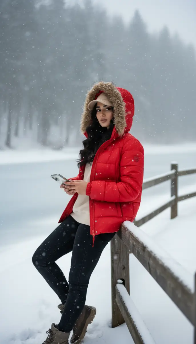 Stylish Woman in Red Puffer Jacket During Snowfall