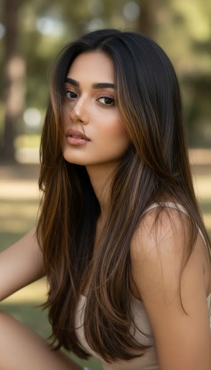 Glamorous Outdoor Portrait with Flowing Highlighted Hair