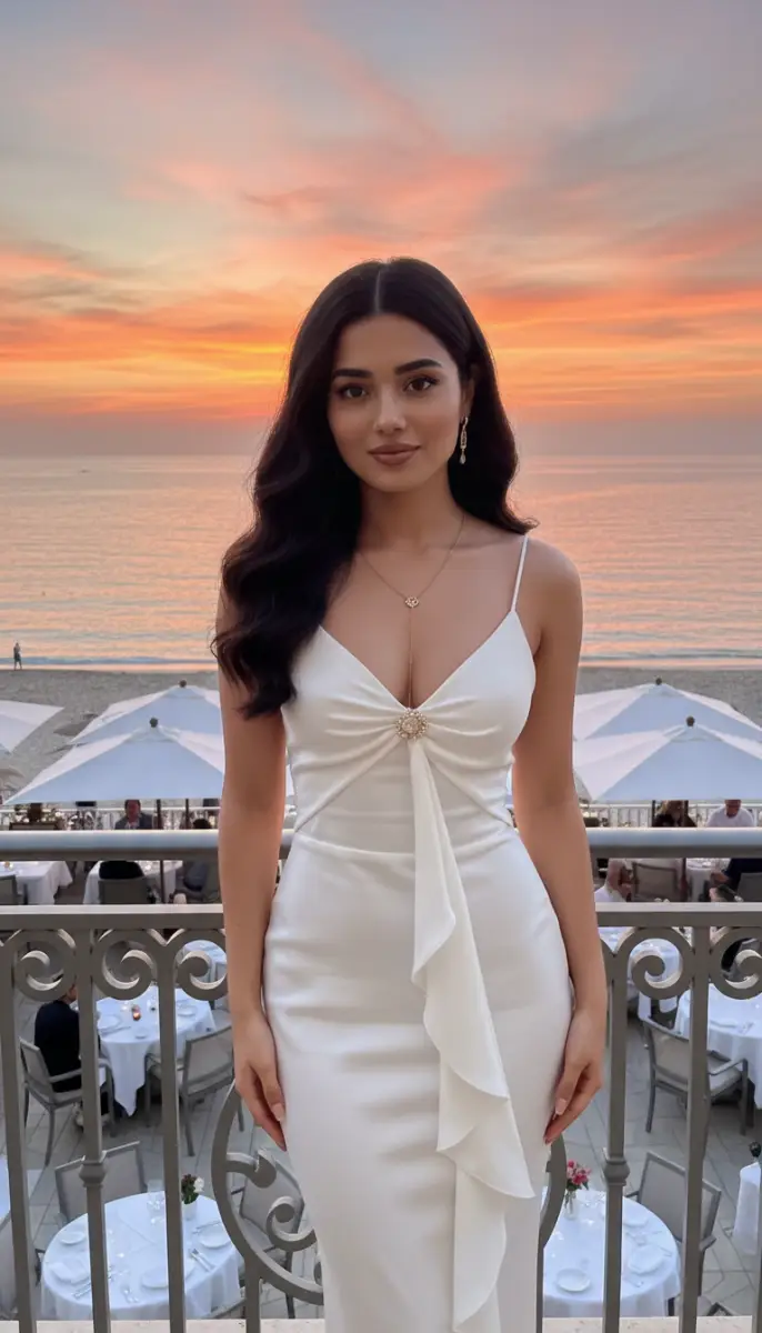 Golden Hour Elegance: Woman in White Satin Gown Overlooking the Ocean