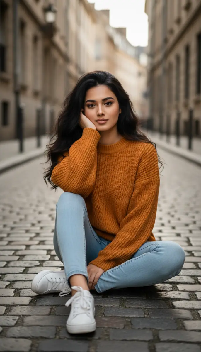 Portrait of Woman in Orange Sweater on Cobblestone Street