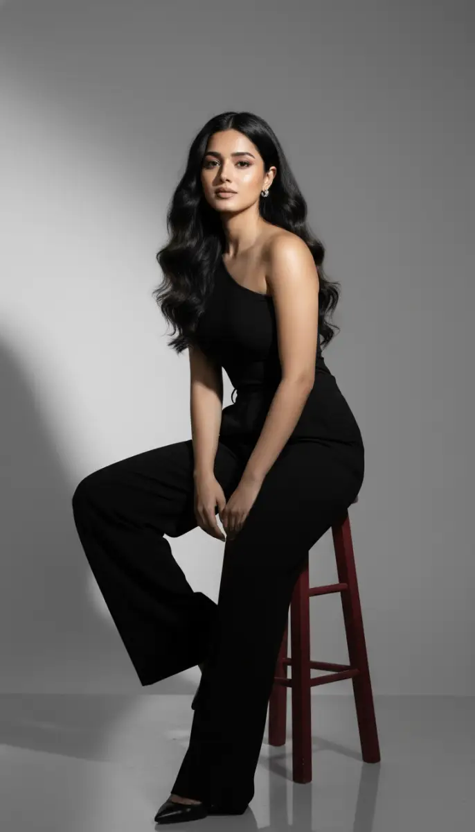 Elegant Woman Posing in Black One-Shoulder Outfit