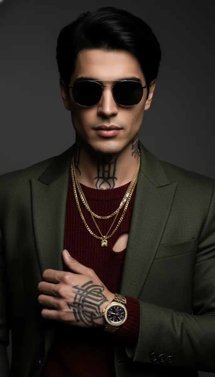 Confident Man in Olive Blazer, Sunglasses, and Gold Jewelry