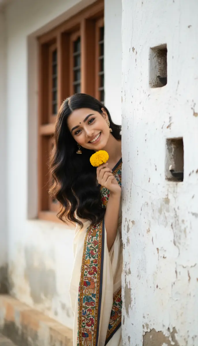 Portrait of an Indian Woman in a Kalamkari Saree Holding a Marigold