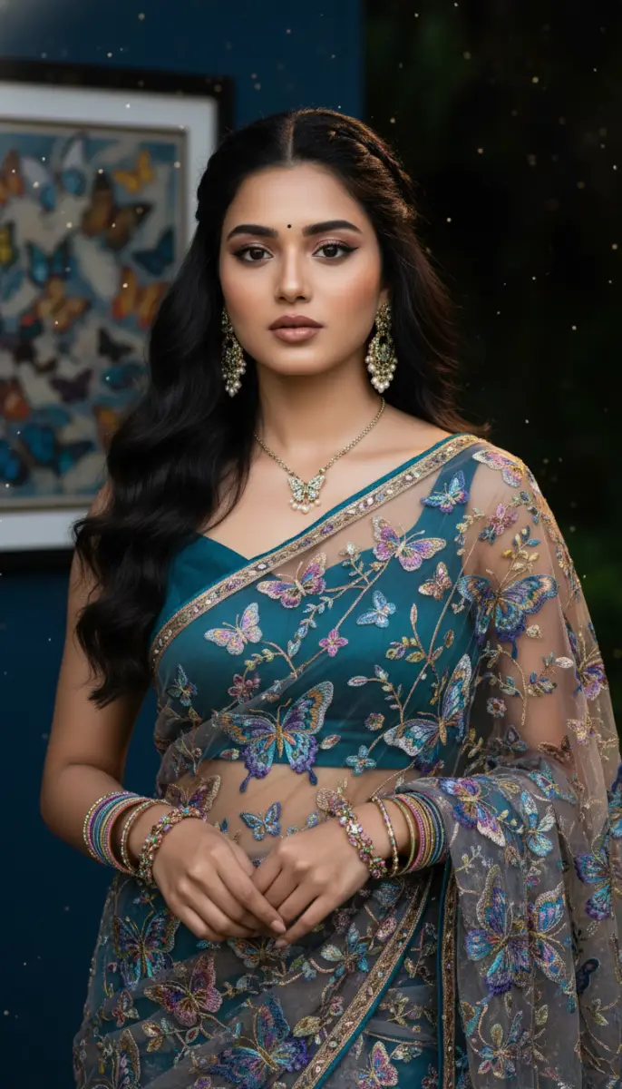Ethereal Beauty in Butterfly Embroidered Saree and Traditional Jewelry