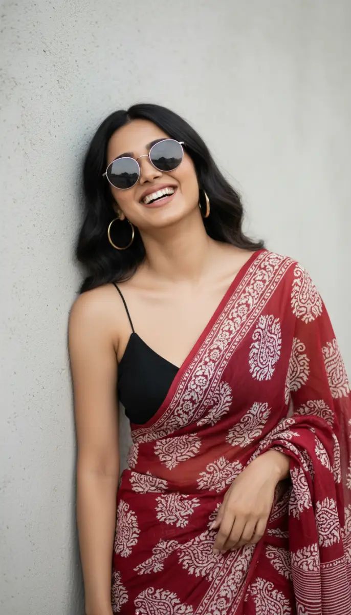 Cheerful Woman in Modern Styled Maroon Block Print Saree