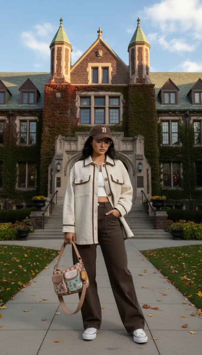 Autumnal Academic Style: Oversized Shacket and Wide-Leg Brown Pants