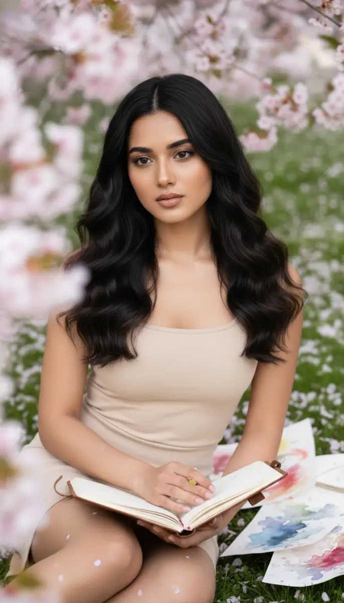 Woman Journaling in Cherry Blossom Garden