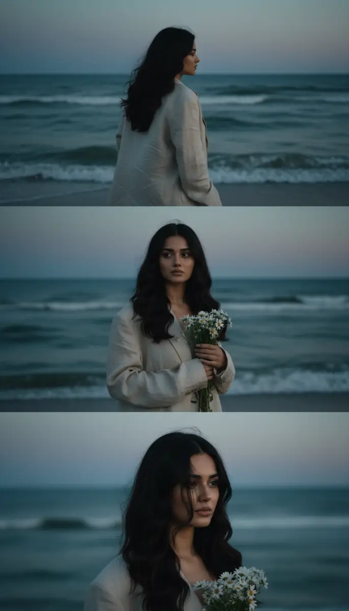 Moody Portrait Triptych of Woman Holding Daisies by the Sea
