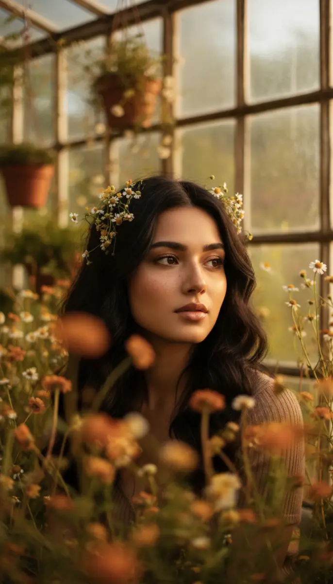 Serene Woman with Flower Crown in a Golden Greenhouse