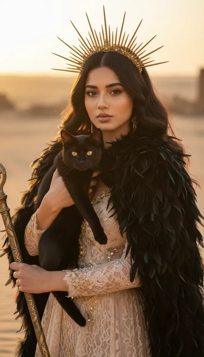 Desert Queen with Black Cat and Sunburst Crown