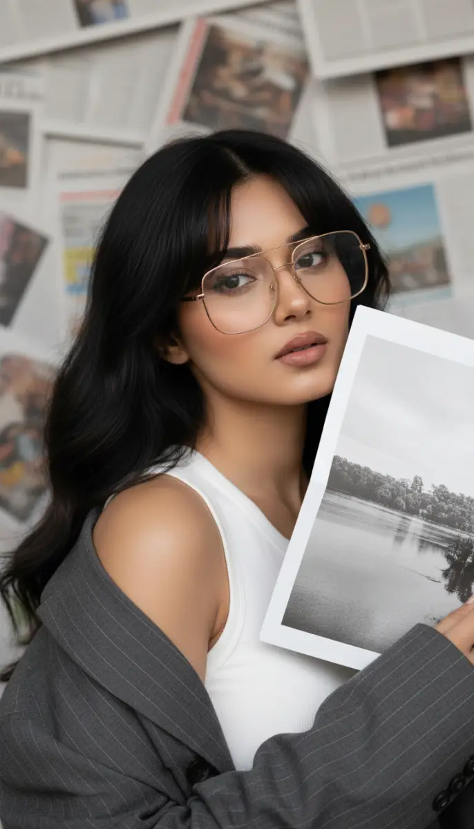 Professional Woman in Glasses Holding Photo Against Newspaper Background