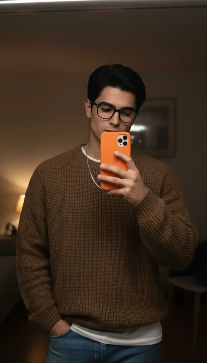 Mirror Selfie of Man in Brown Knit Sweater and Orange Phone Case