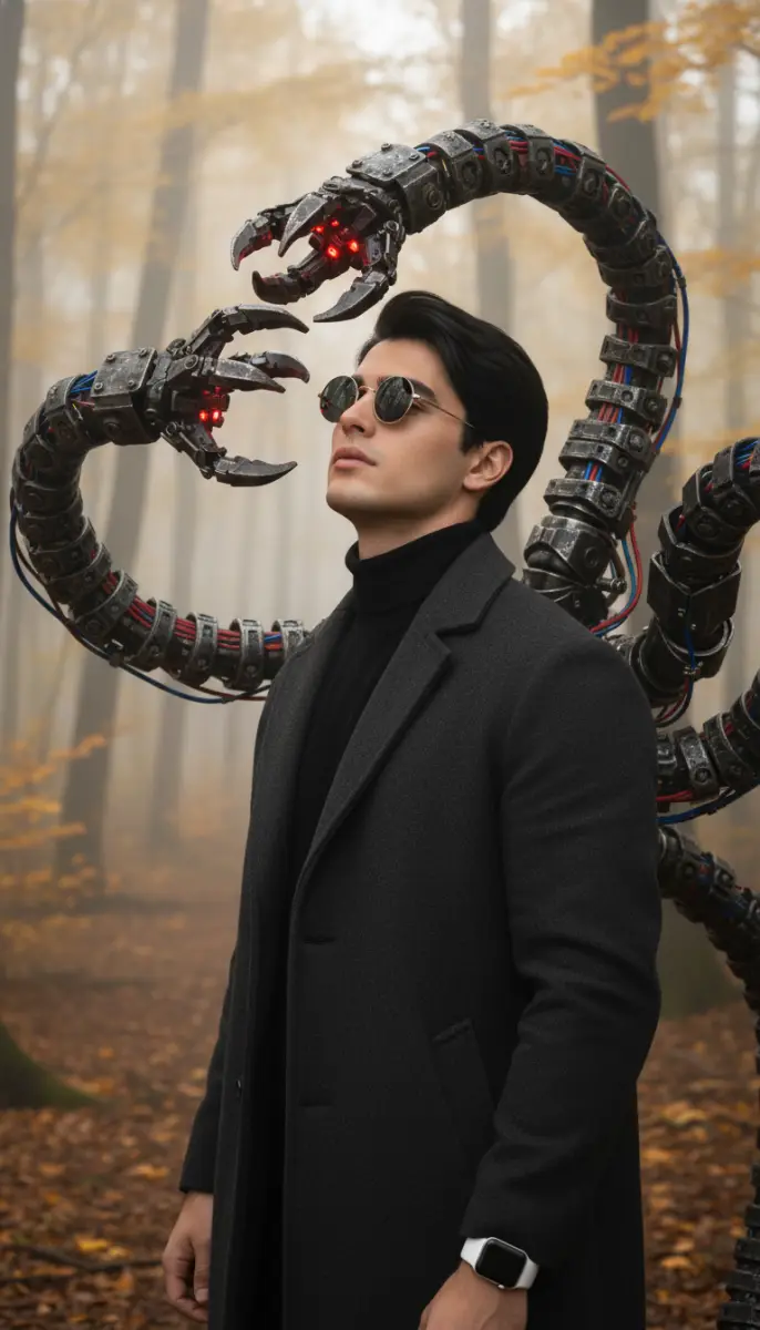 Doctor Octopus Inspired Character in a Foggy Autumn Forest