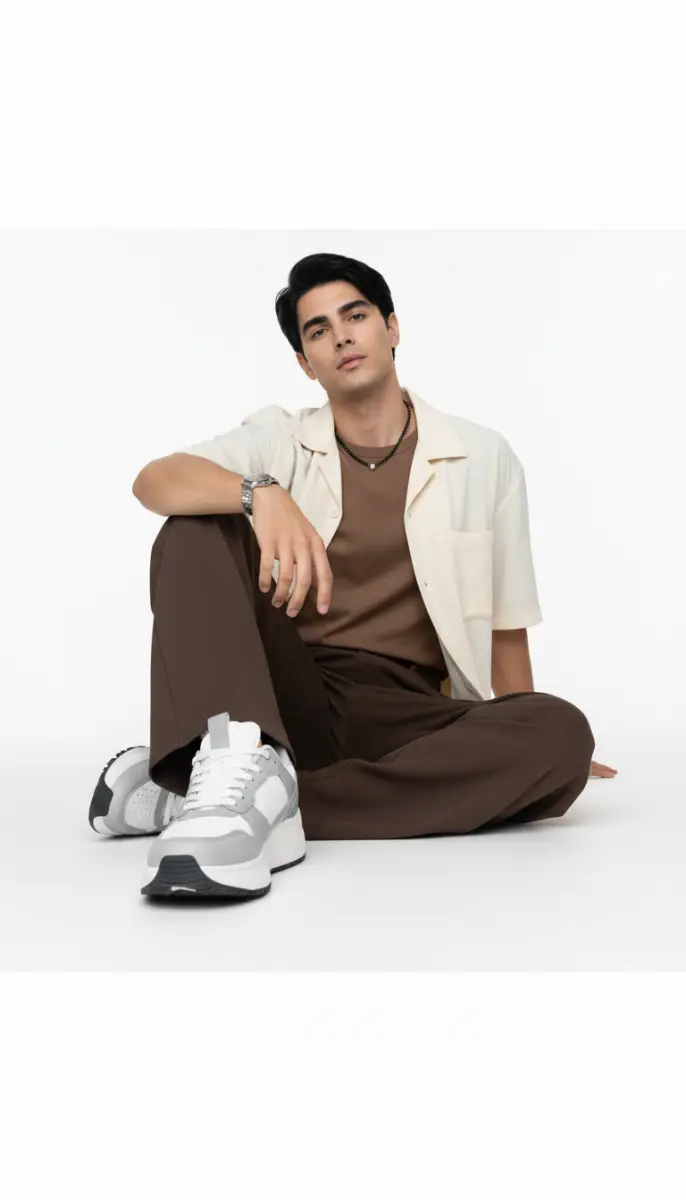 Modern Casual Outfit with Brown Trousers and Cream Shirt