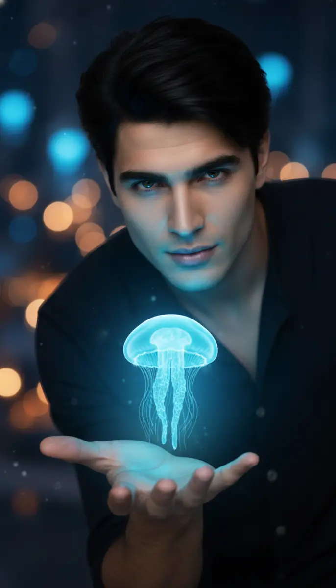 Man Holding Glowing Blue Jellyfish