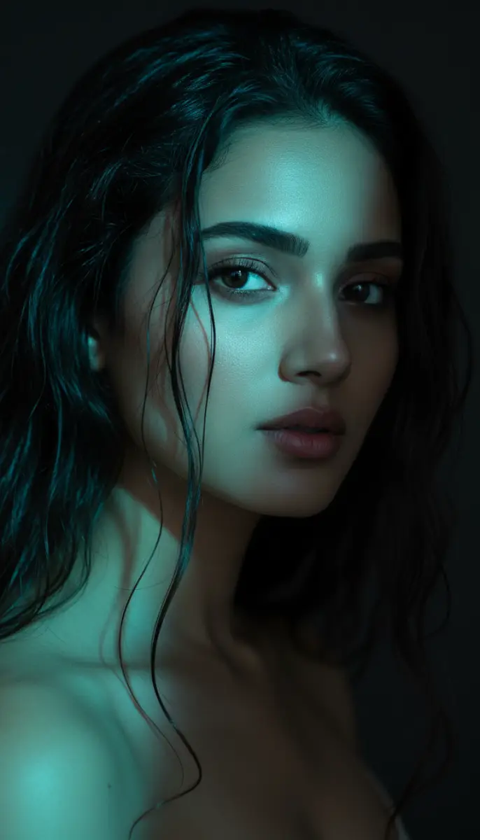 Ethereal Cyan Lit Beauty Portrait