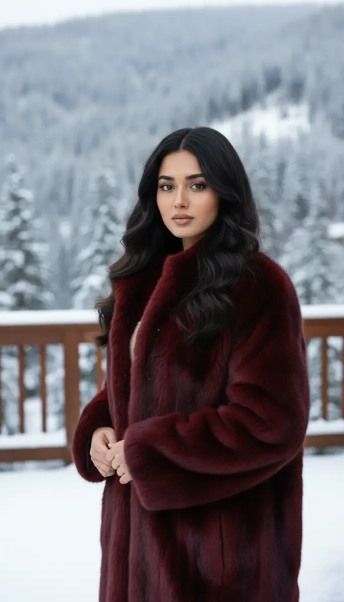 Elegant Winter Portrait in a Luxurious Burgundy Fur Coat