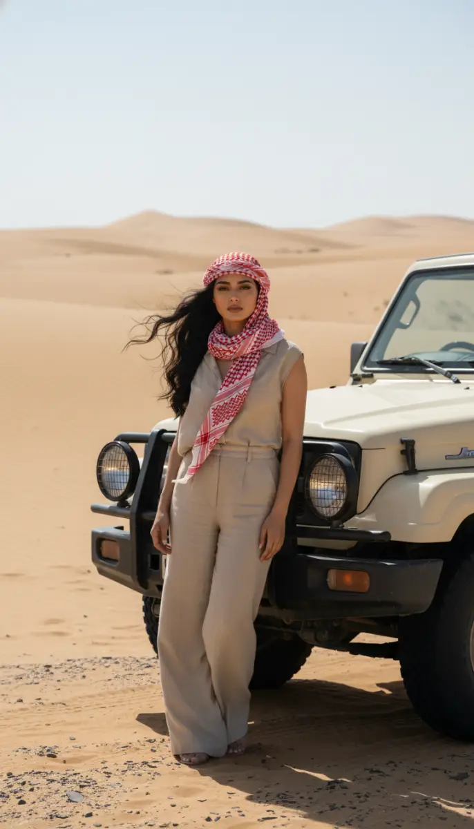 Desert Fashion Shoot: Woman in Keffiyeh and Beige Outfit