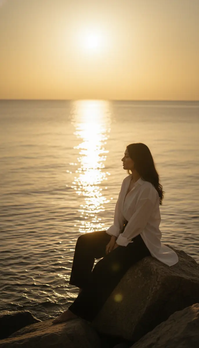 Contemplative Woman Silhouetted by Golden Sunset Sea