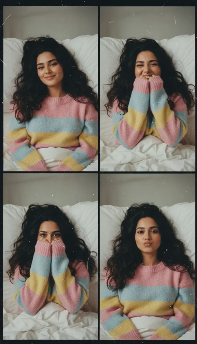 Four-Panel Photo Collage of Woman in Pastel Striped Sweater
