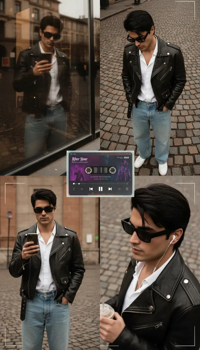 Urban Street Style in Black Leather Moto Jacket and Sunglasses