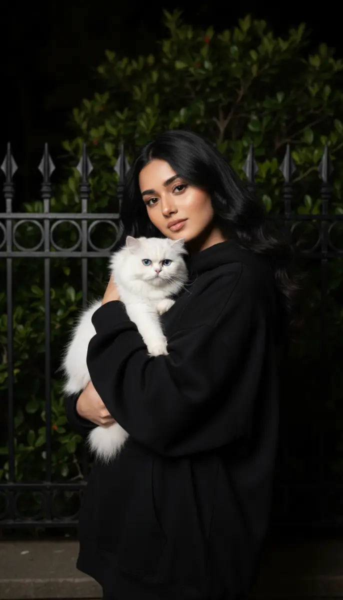 Elegant Portrait of a Woman and Her Fluffy White Cat at Night